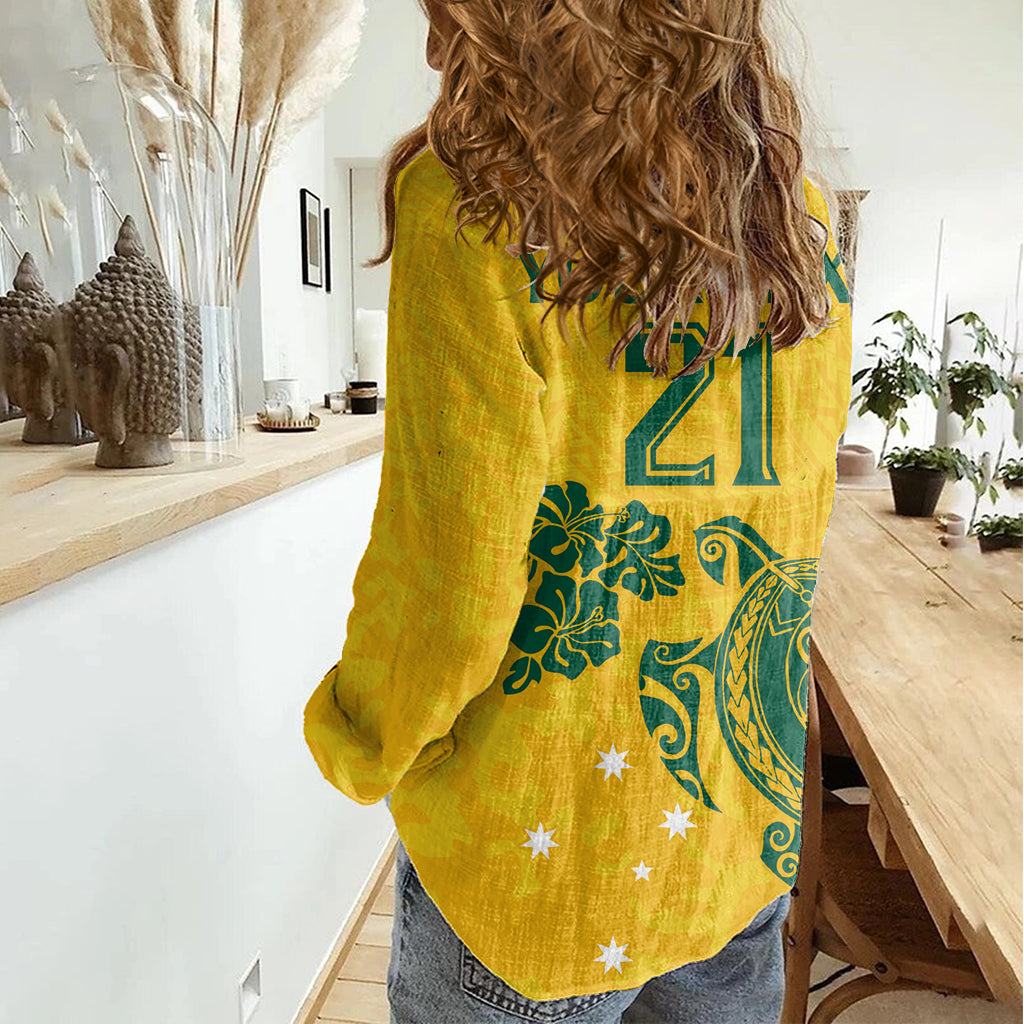 Custom Australia Soccer Women Casual Shirt Socceroos Hibiscus and Turtle With Polynesian Pattern - Vibe Hoodie Shop