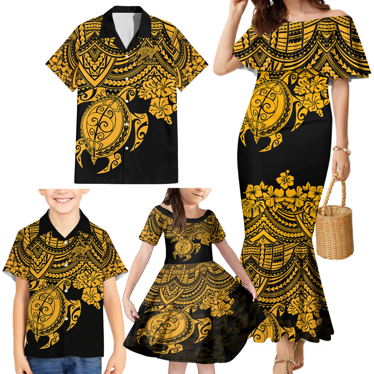 custom-australia-matildas-family-matching-mermaid-dress-and-hawaiian-shirt-hibiscus-and-turtle-with-polynesian-pattern