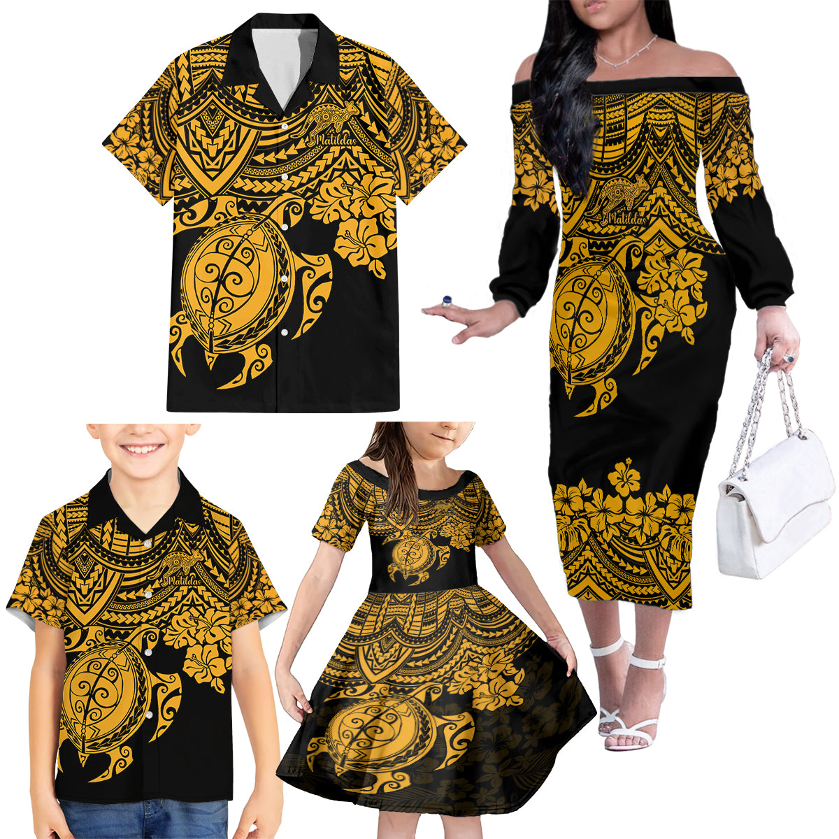 custom-australia-matildas-family-matching-off-shoulder-long-sleeve-dress-and-hawaiian-shirt-hibiscus-and-turtle-with-polynesian-pattern