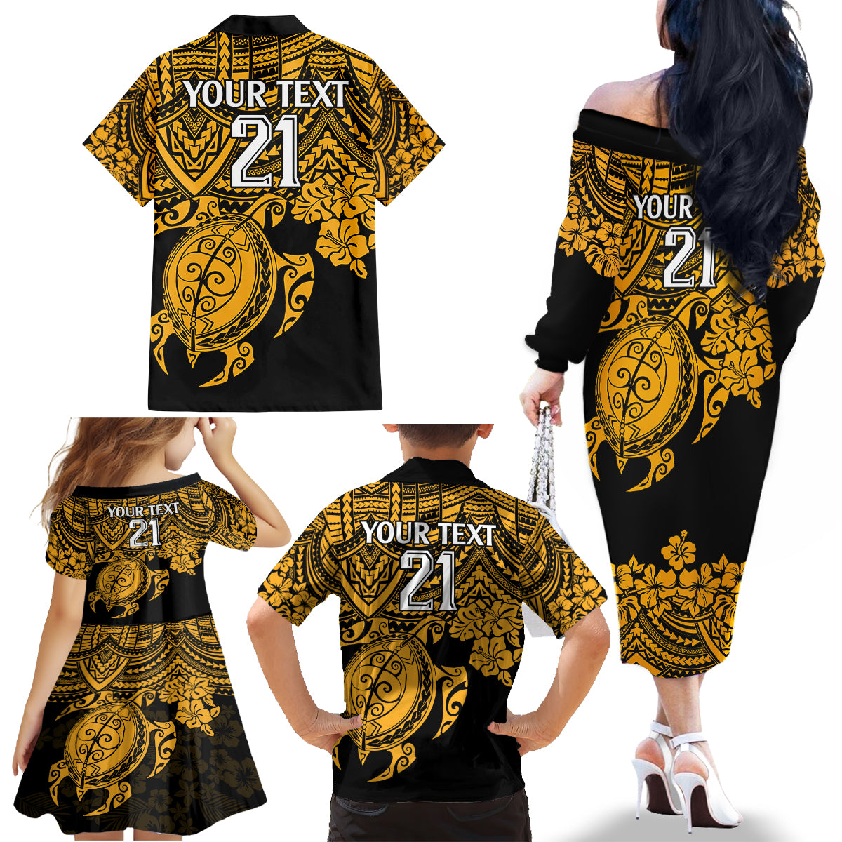 custom-australia-matildas-family-matching-off-shoulder-long-sleeve-dress-and-hawaiian-shirt-hibiscus-and-turtle-with-polynesian-pattern