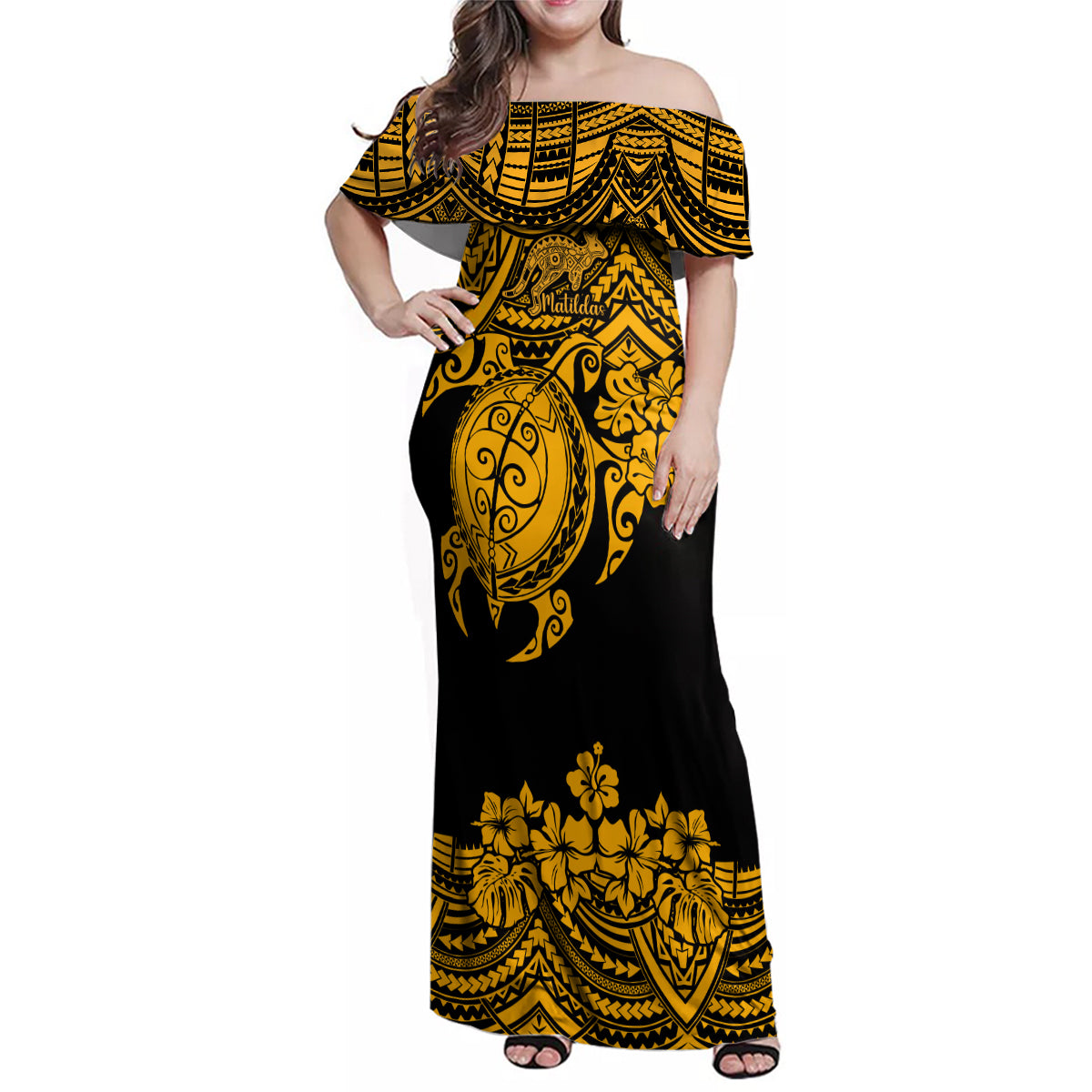 custom-australia-matildas-family-matching-off-shoulder-maxi-dress-and-hawaiian-shirt-hibiscus-and-turtle-with-polynesian-pattern