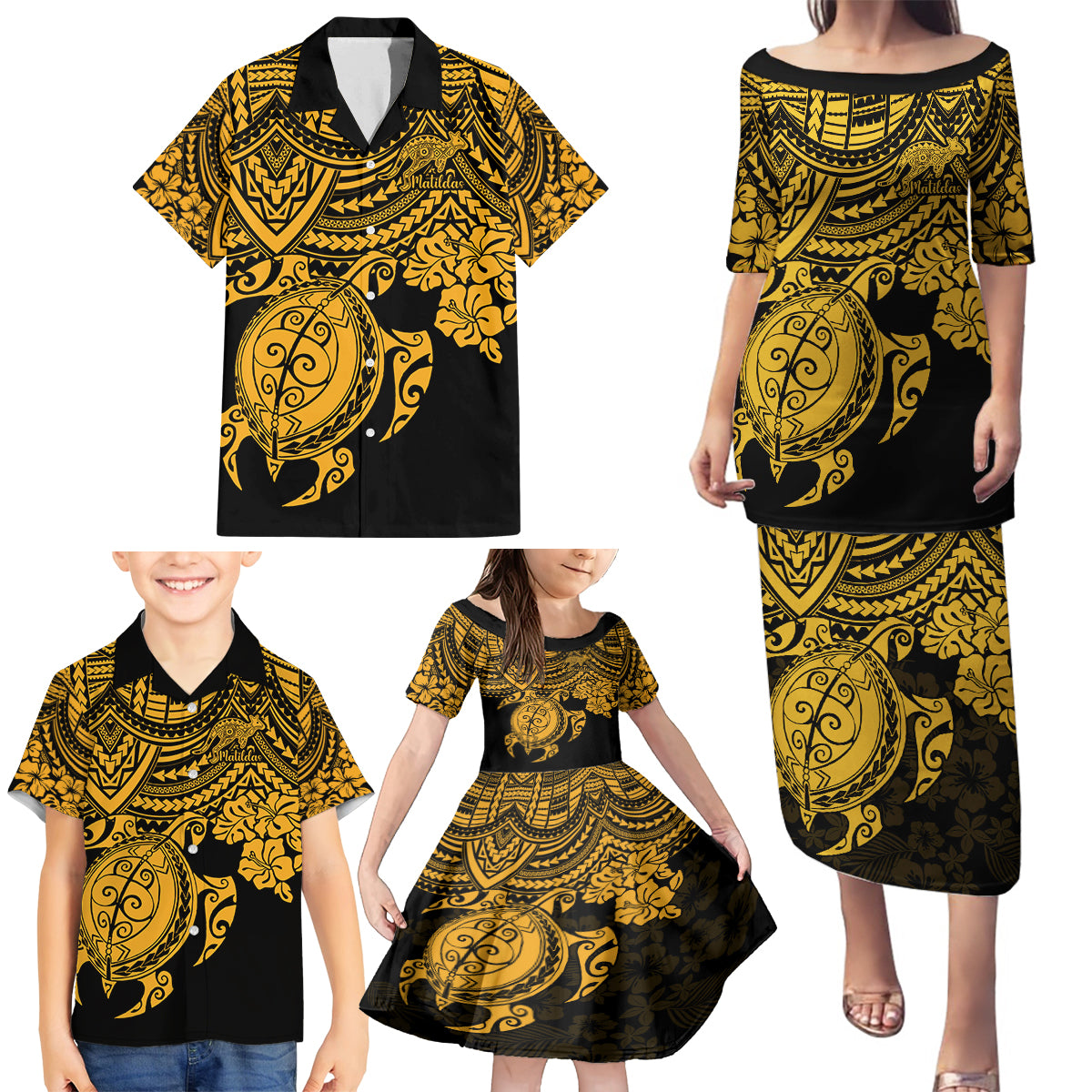 custom-australia-matildas-family-matching-puletasi-dress-and-hawaiian-shirt-hibiscus-and-turtle-with-polynesian-pattern