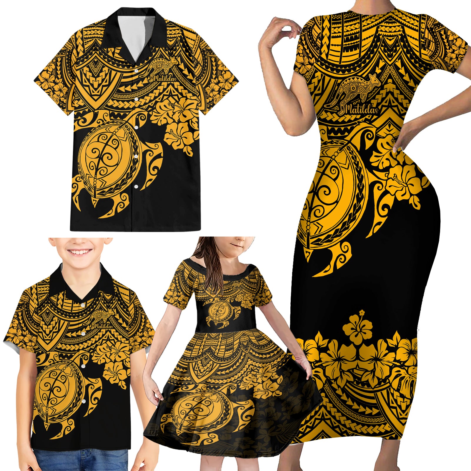 custom-australia-matildas-family-matching-short-sleeve-bodycon-dress-and-hawaiian-shirt-hibiscus-and-turtle-with-polynesian-pattern