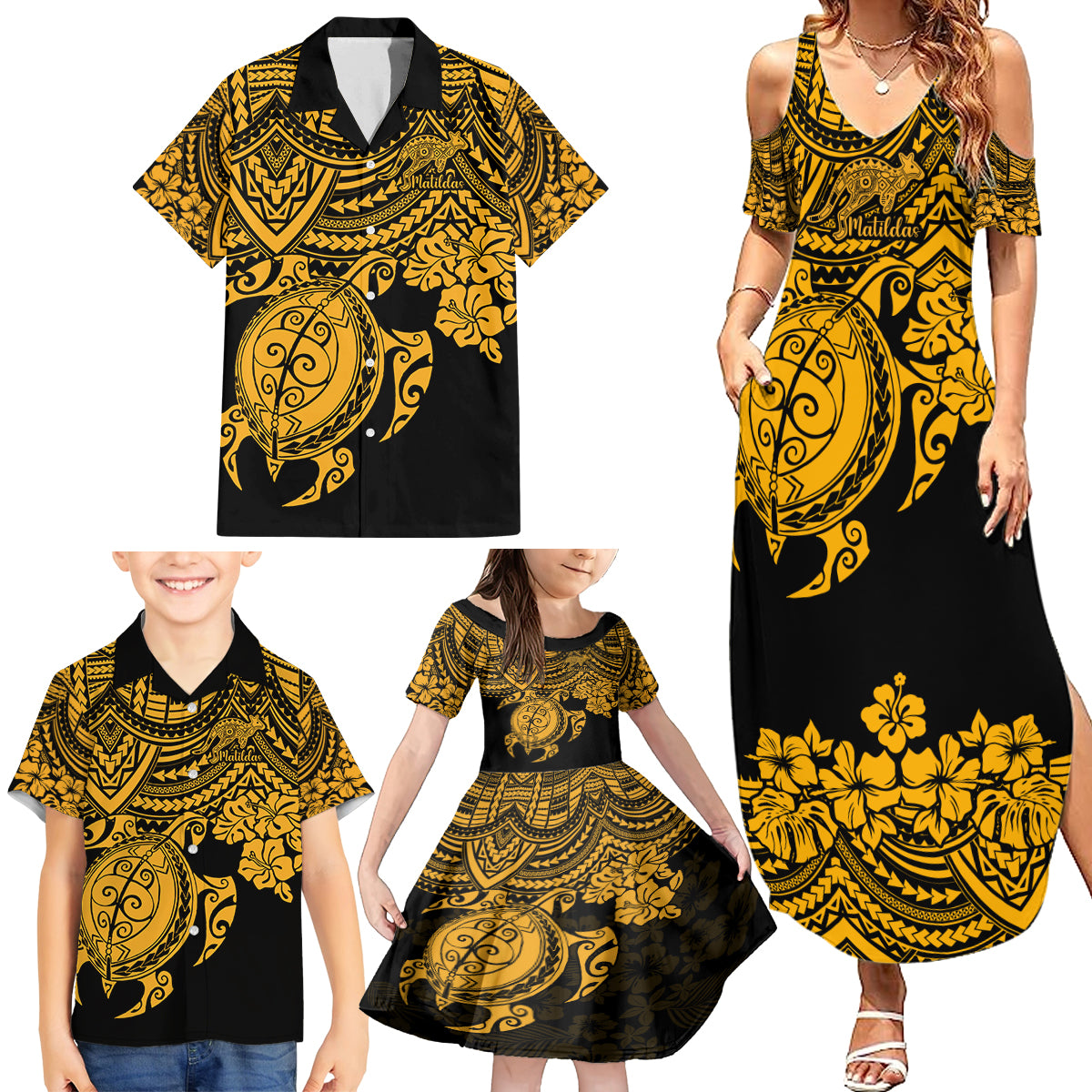 custom-australia-matildas-family-matching-summer-maxi-dress-and-hawaiian-shirt-hibiscus-and-turtle-with-polynesian-pattern