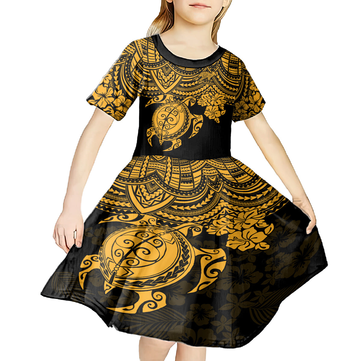 Custom Australia Matildas Kid Short Sleeve Dress Hibiscus and Turtle With Polynesian Pattern - Vibe Hoodie Shop