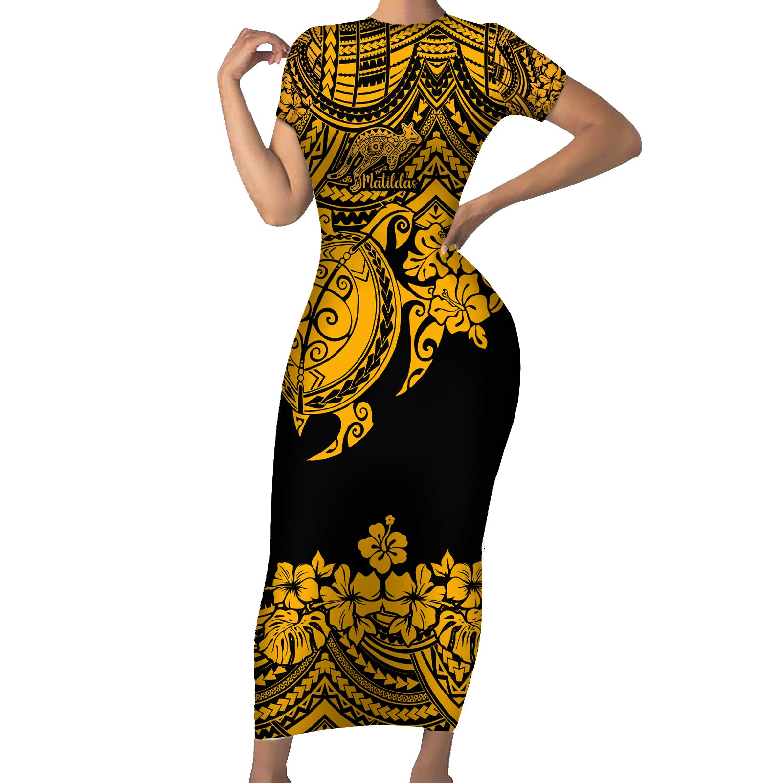 custom-australia-matildas-short-sleeve-bodycon-dress-hibiscus-and-turtle-with-polynesian-pattern