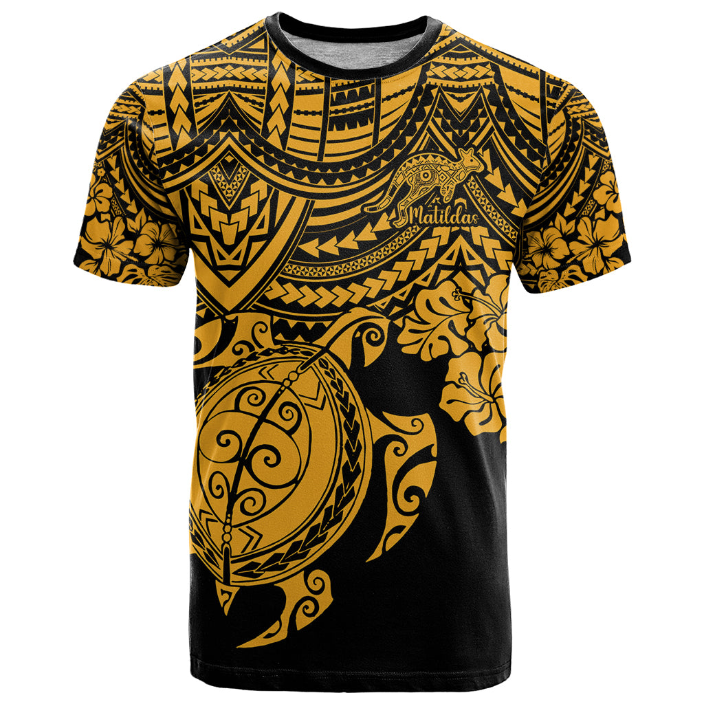 Custom Australia Matildas T Shirt Hibiscus and Turtle With Polynesian Pattern LT9 - Vibe Hoodie Shop