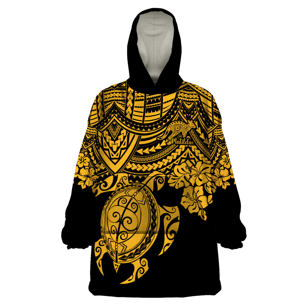 Custom Australia Matildas Wearable Blanket Hoodie Hibiscus and Turtle With Polynesian Pattern - Vibe Hoodie Shop