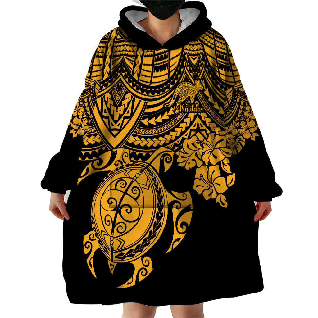 Custom Australia Matildas Wearable Blanket Hoodie Hibiscus and Turtle With Polynesian Pattern - Vibe Hoodie Shop