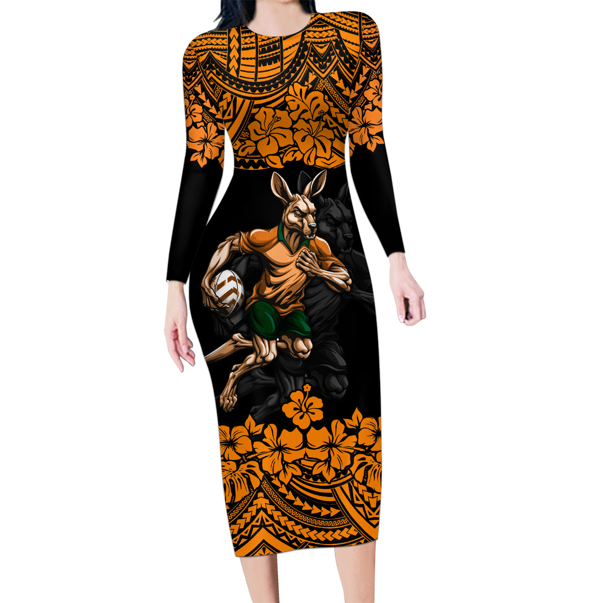 cusrom-australia-wallabies-rugby-family-matching-long-sleeve-bodycon-dress-and-hawaiian-shirt-hibiscus-and-turtle-with-polynesian-pattern