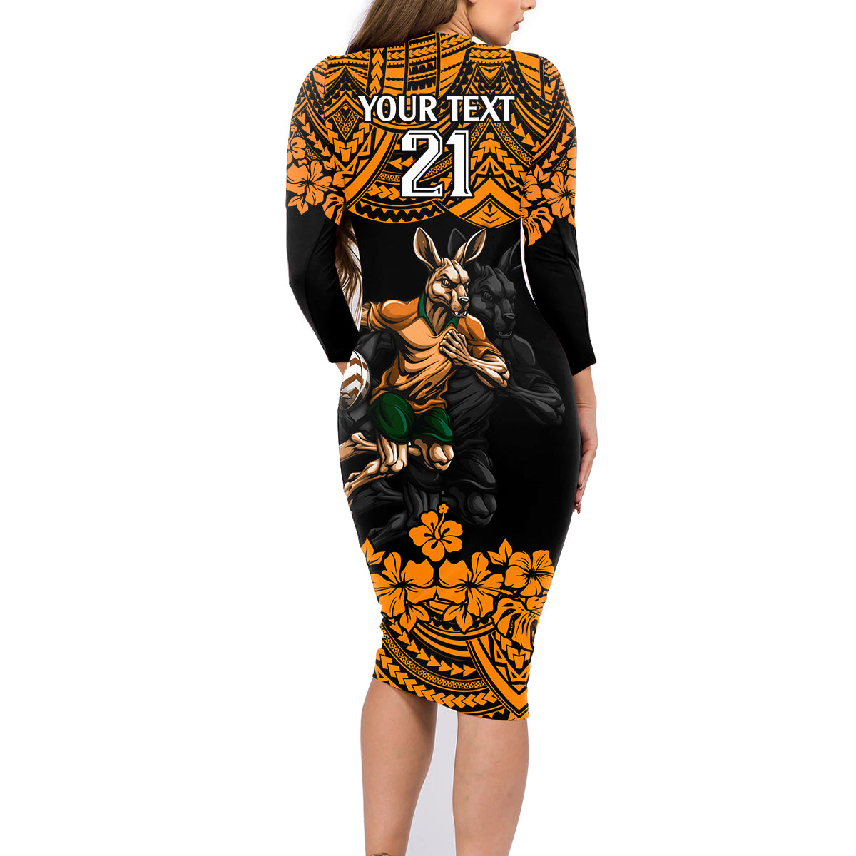 cusrom-australia-wallabies-rugby-family-matching-long-sleeve-bodycon-dress-and-hawaiian-shirt-hibiscus-and-turtle-with-polynesian-pattern