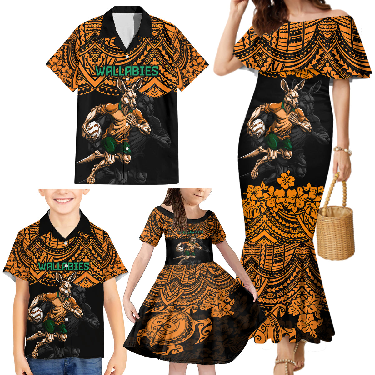 cusrom-australia-wallabies-rugby-family-matching-mermaid-dress-and-hawaiian-shirt-hibiscus-and-turtle-with-polynesian-pattern