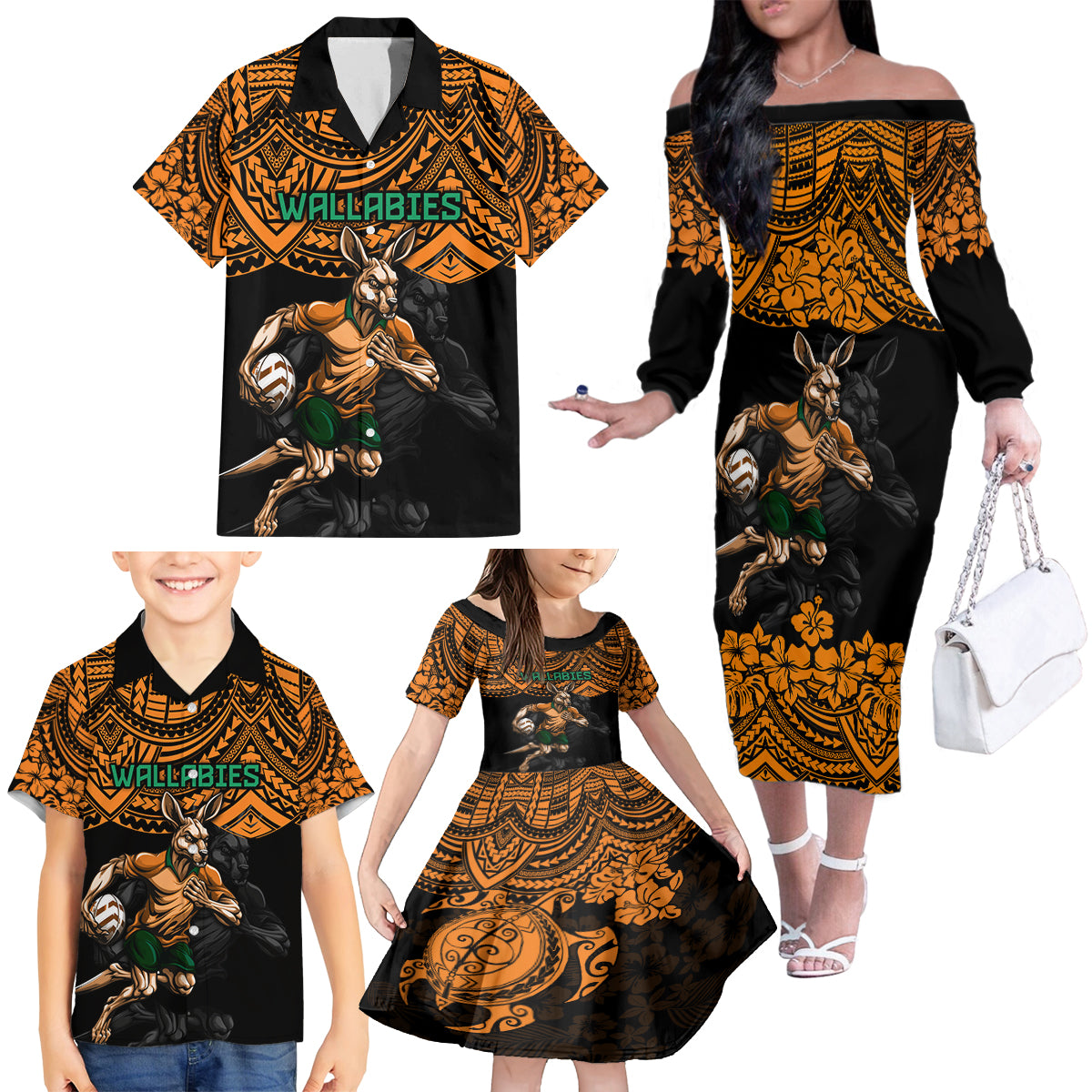 cusrom-australia-wallabies-rugby-family-matching-off-shoulder-long-sleeve-dress-and-hawaiian-shirt-hibiscus-and-turtle-with-polynesian-pattern