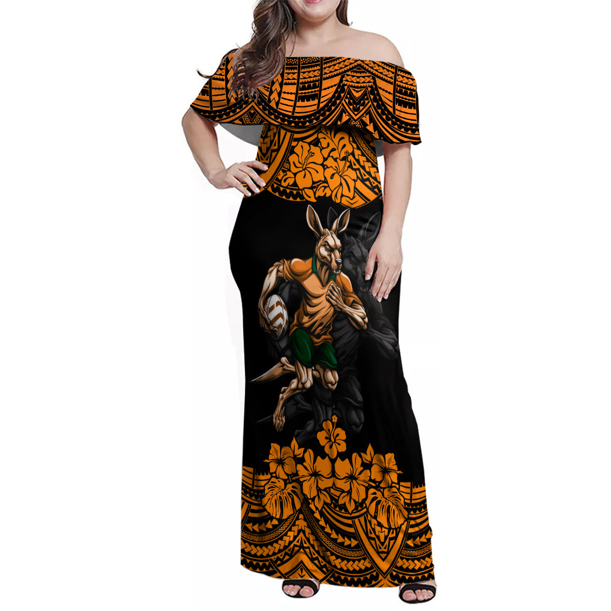 cusrom-australia-wallabies-rugby-family-matching-off-shoulder-maxi-dress-and-hawaiian-shirt-hibiscus-and-turtle-with-polynesian-pattern