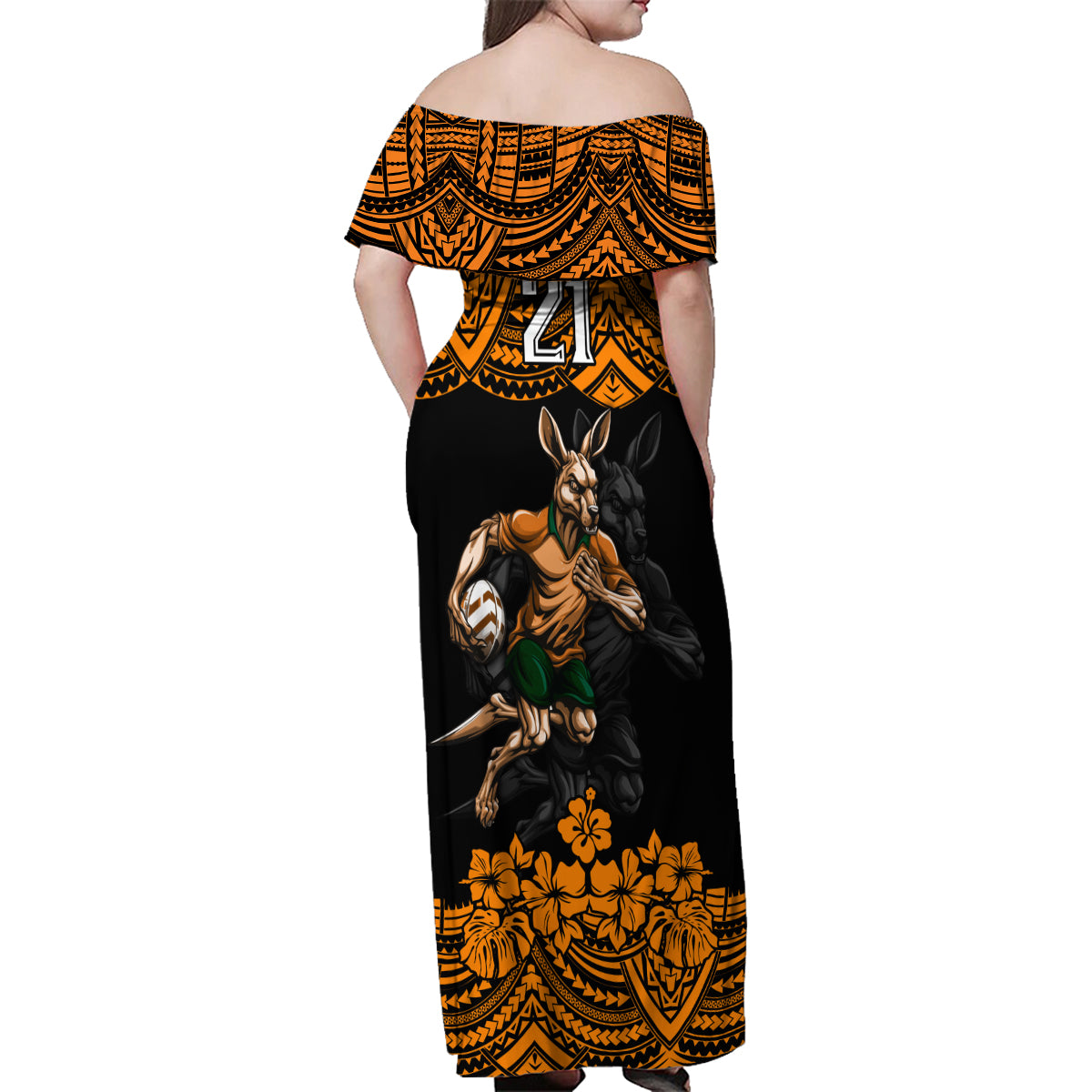 cusrom-australia-wallabies-rugby-family-matching-off-shoulder-maxi-dress-and-hawaiian-shirt-hibiscus-and-turtle-with-polynesian-pattern