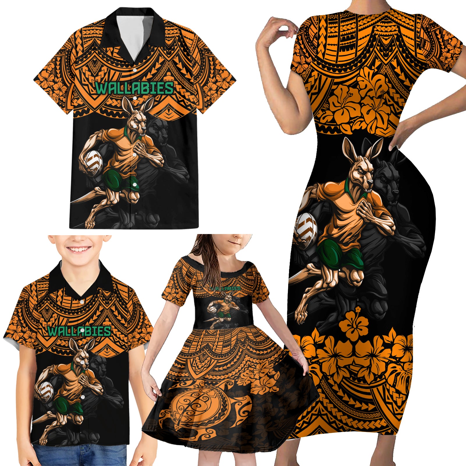 cusrom-australia-wallabies-rugby-family-matching-short-sleeve-bodycon-dress-and-hawaiian-shirt-hibiscus-and-turtle-with-polynesian-pattern