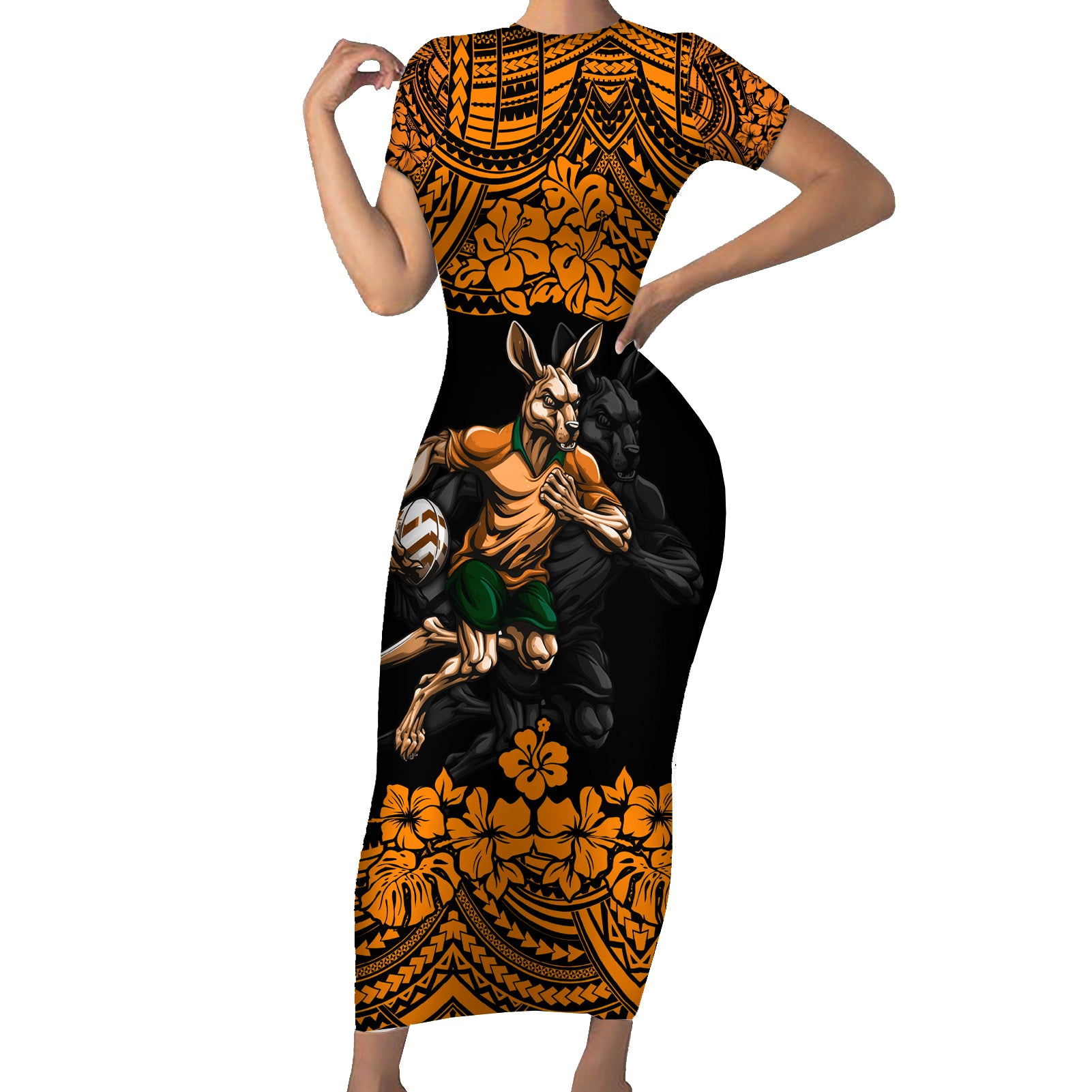 cusrom-australia-wallabies-rugby-family-matching-short-sleeve-bodycon-dress-and-hawaiian-shirt-hibiscus-and-turtle-with-polynesian-pattern