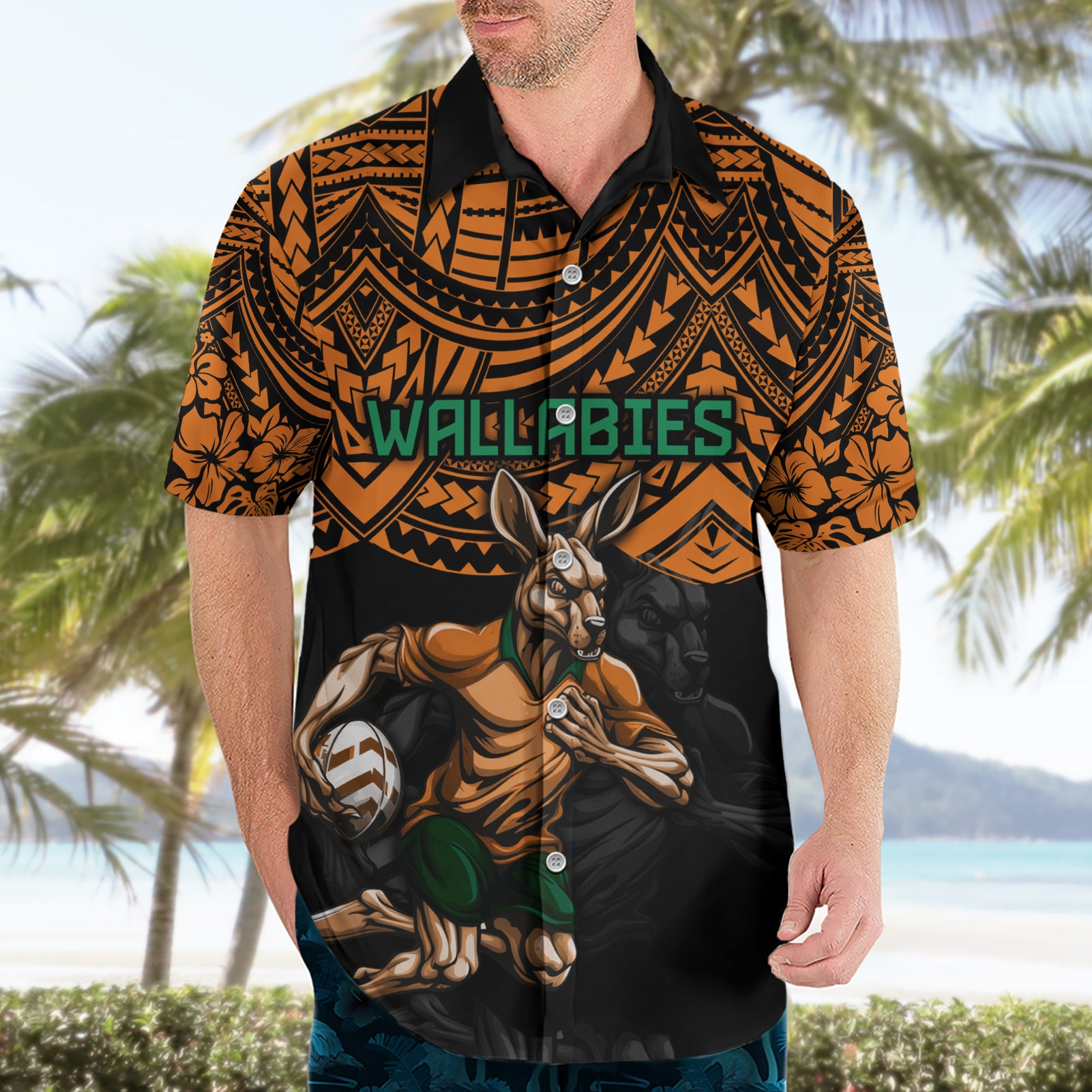 Cusrom Australia Wallabies Rugby Hawaiian Shirt Hibiscus and Turtle With Polynesian Pattern - Vibe Hoodie Shop