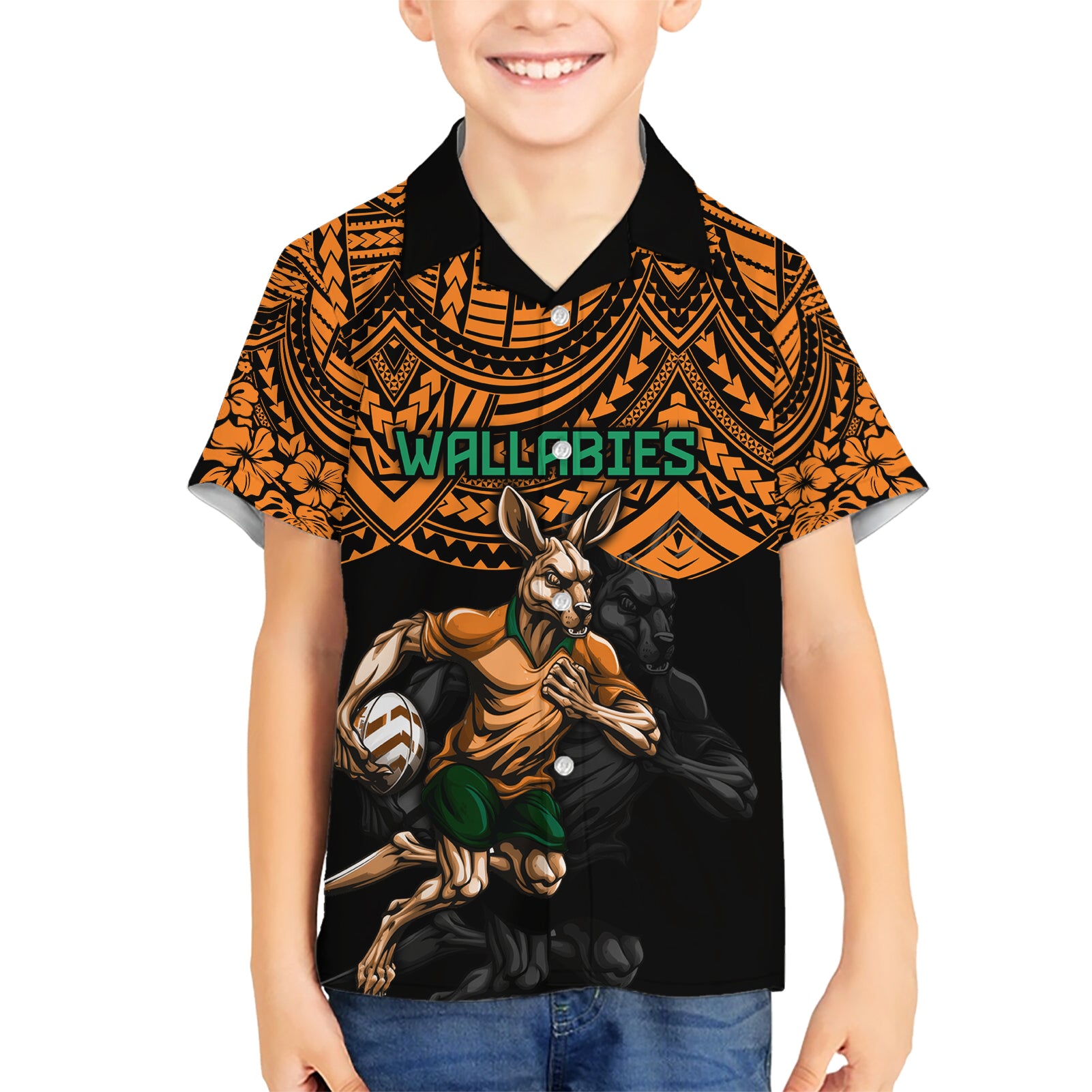 Cusrom Australia Wallabies Rugby Hawaiian Shirt Hibiscus and Turtle With Polynesian Pattern - Vibe Hoodie Shop