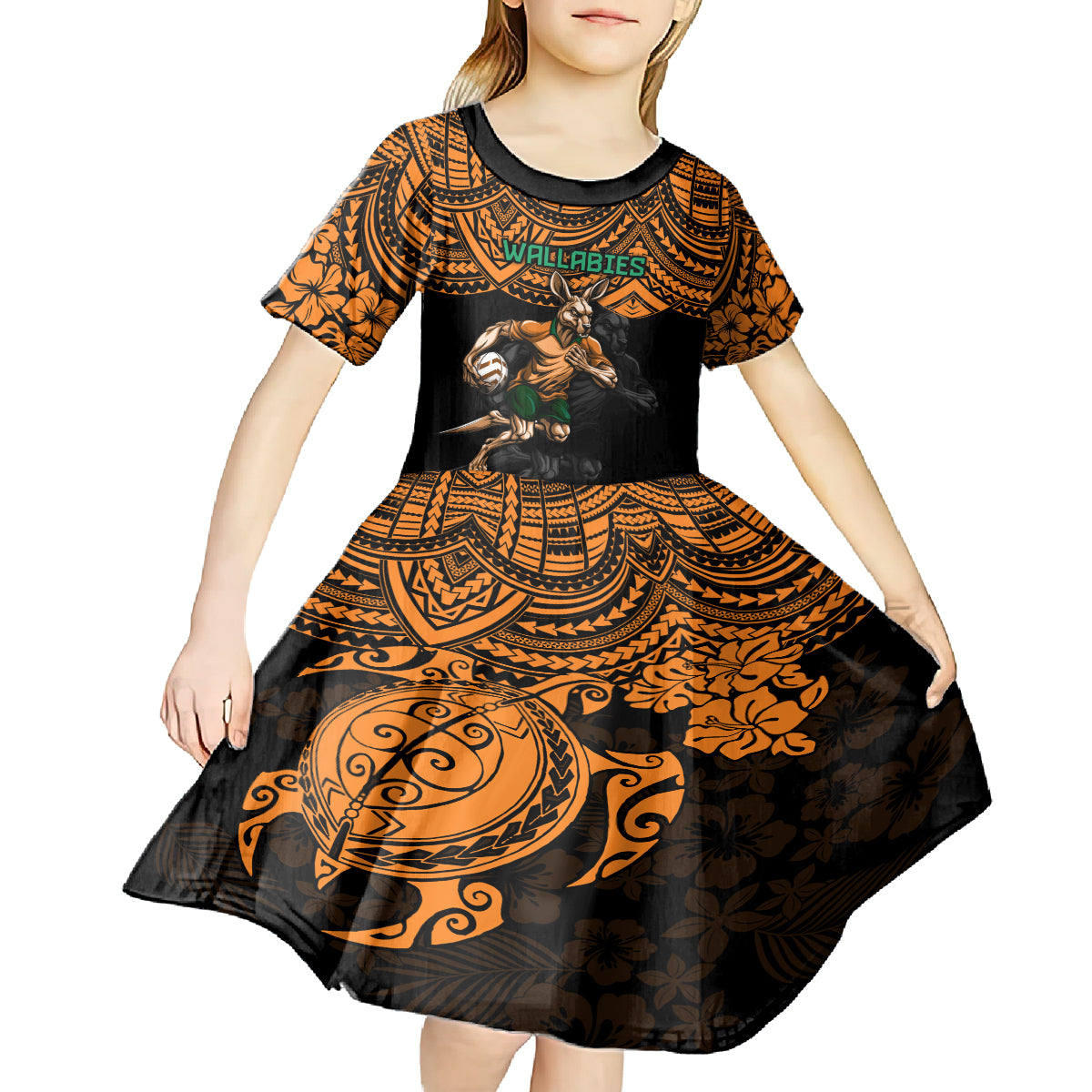 Cusrom Australia Wallabies Rugby Kid Short Sleeve Dress Hibiscus and Turtle With Polynesian Pattern - Vibe Hoodie Shop