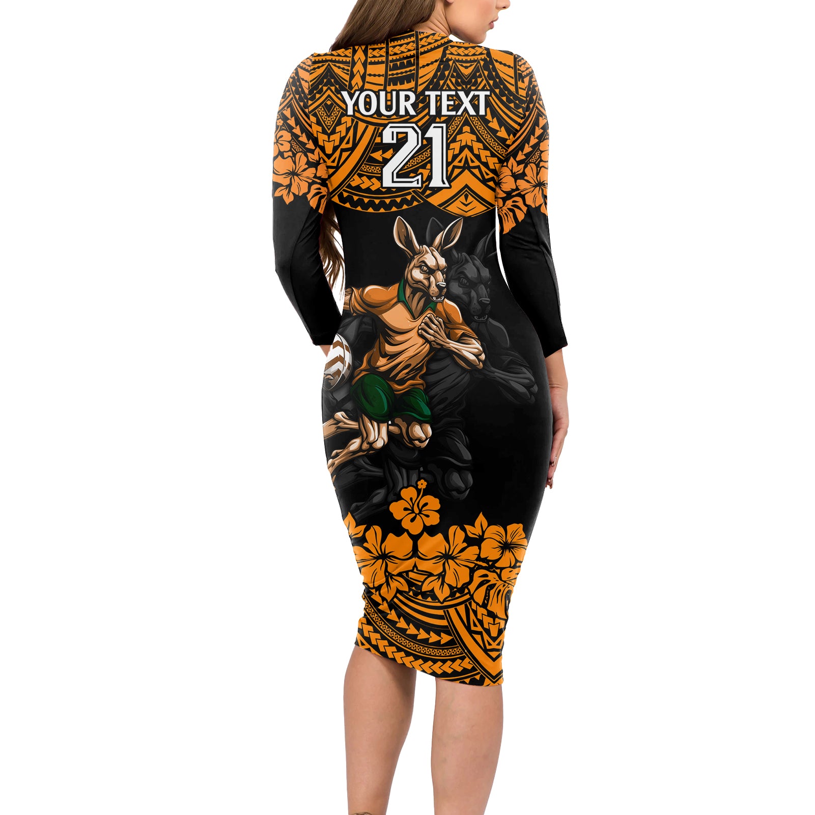 cusrom-australia-wallabies-rugby-long-sleeve-bodycon-dress-hibiscus-and-turtle-with-polynesian-pattern