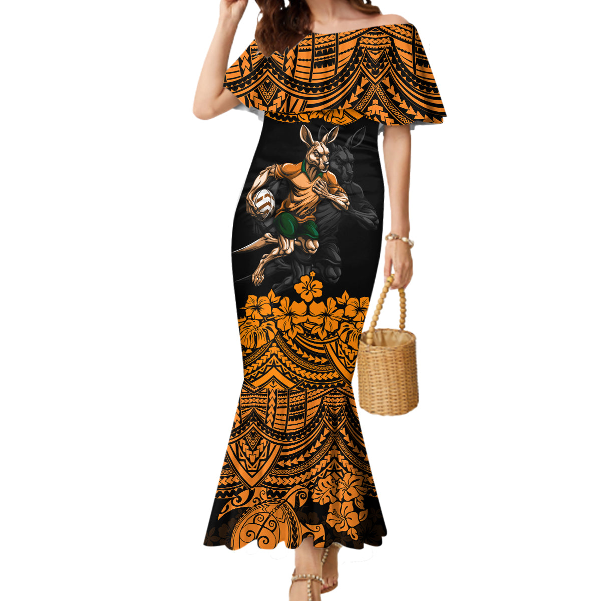 cusrom-australia-wallabies-rugby-mermaid-dress-hibiscus-and-turtle-with-polynesian-pattern