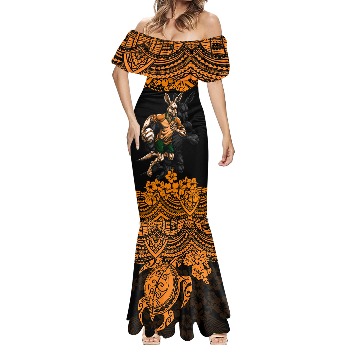 cusrom-australia-wallabies-rugby-mermaid-dress-hibiscus-and-turtle-with-polynesian-pattern