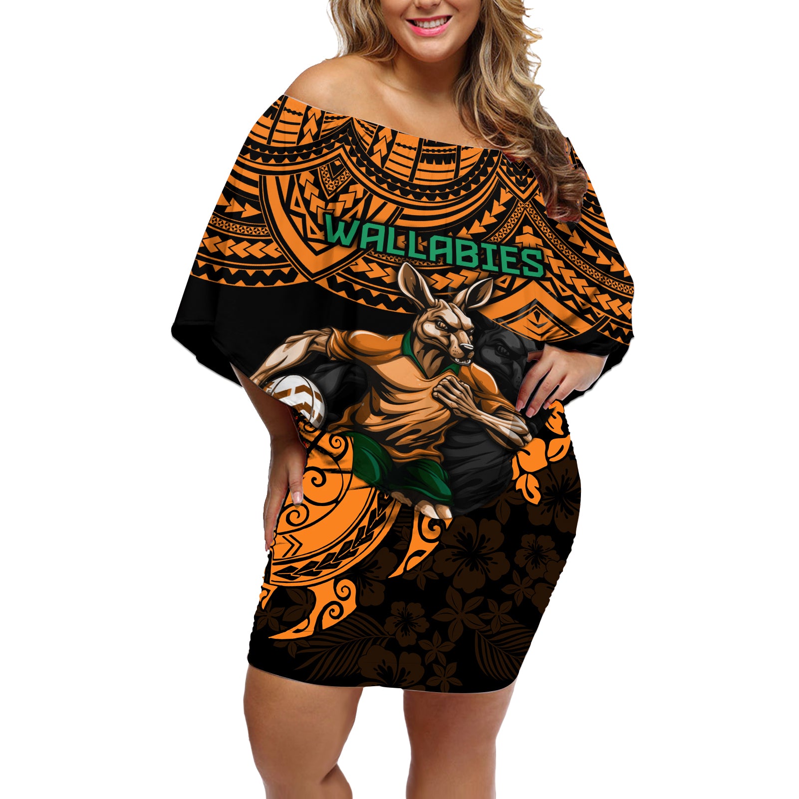 cusrom-australia-wallabies-rugby-off-shoulder-short-dress-hibiscus-and-turtle-with-polynesian-pattern