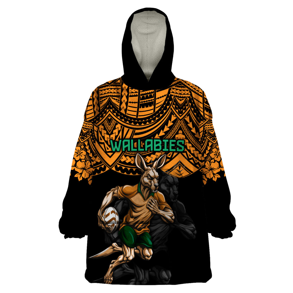 Cusrom Australia Wallabies Rugby Wearable Blanket Hoodie Hibiscus and Turtle With Polynesian Pattern - Vibe Hoodie Shop