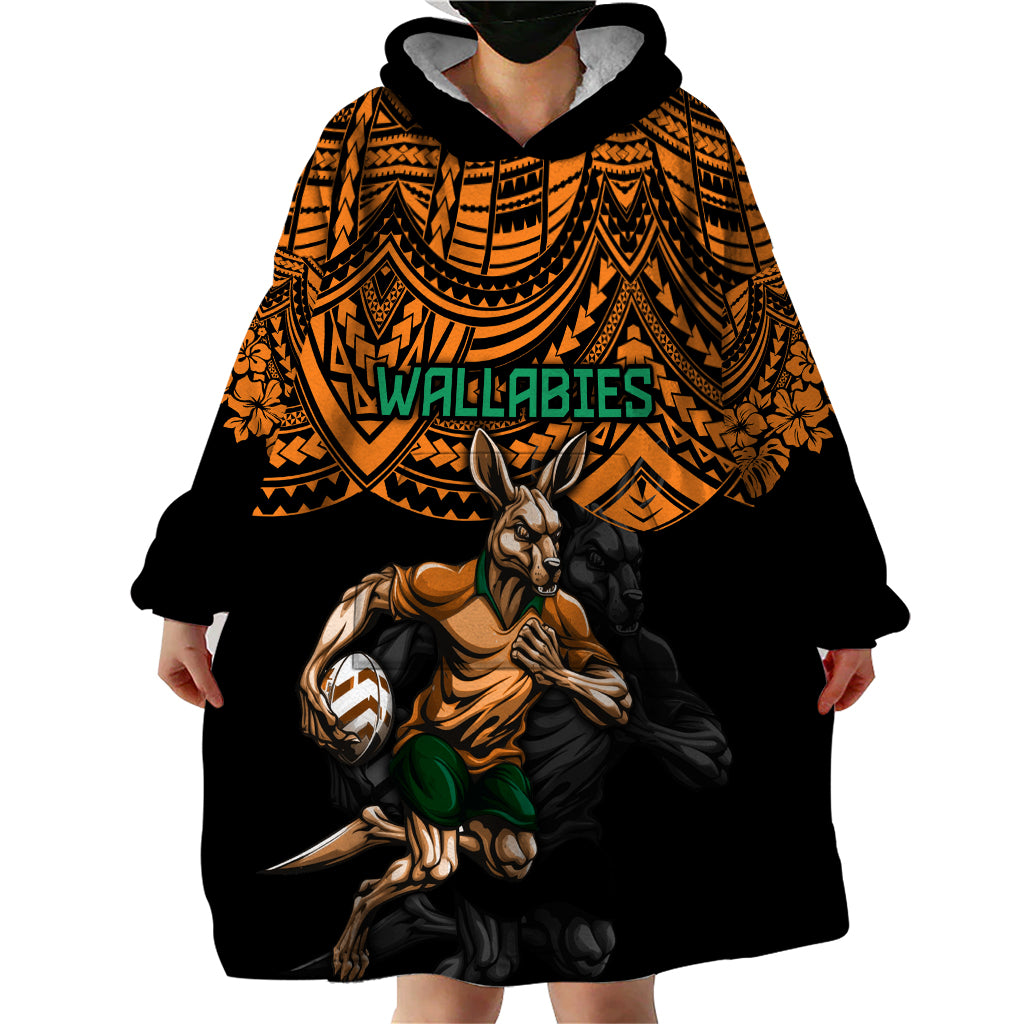 Cusrom Australia Wallabies Rugby Wearable Blanket Hoodie Hibiscus and Turtle With Polynesian Pattern - Vibe Hoodie Shop