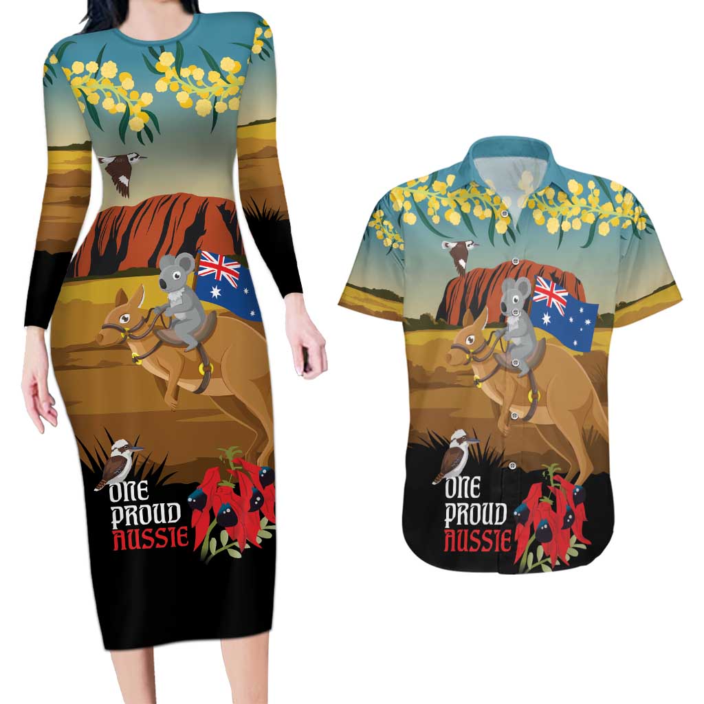 26 January One Proud Aussie Couples Matching Long Sleeve Bodycon Dress and Hawaiian Shirt Kangaroo and Koala Happy Australia Day