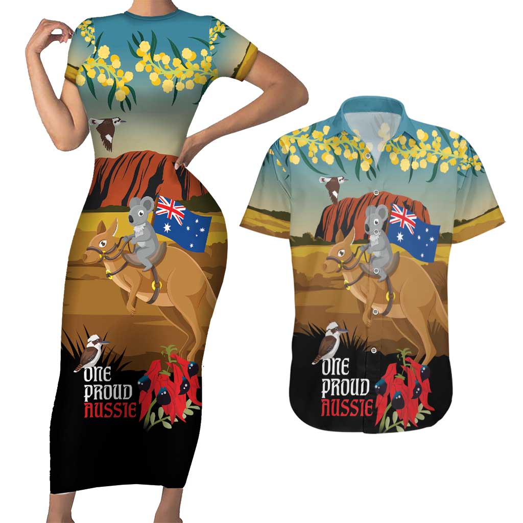 26 January One Proud Aussie Couples Matching Short Sleeve Bodycon Dress and Hawaiian Shirt Kangaroo and Koala Happy Australia Day