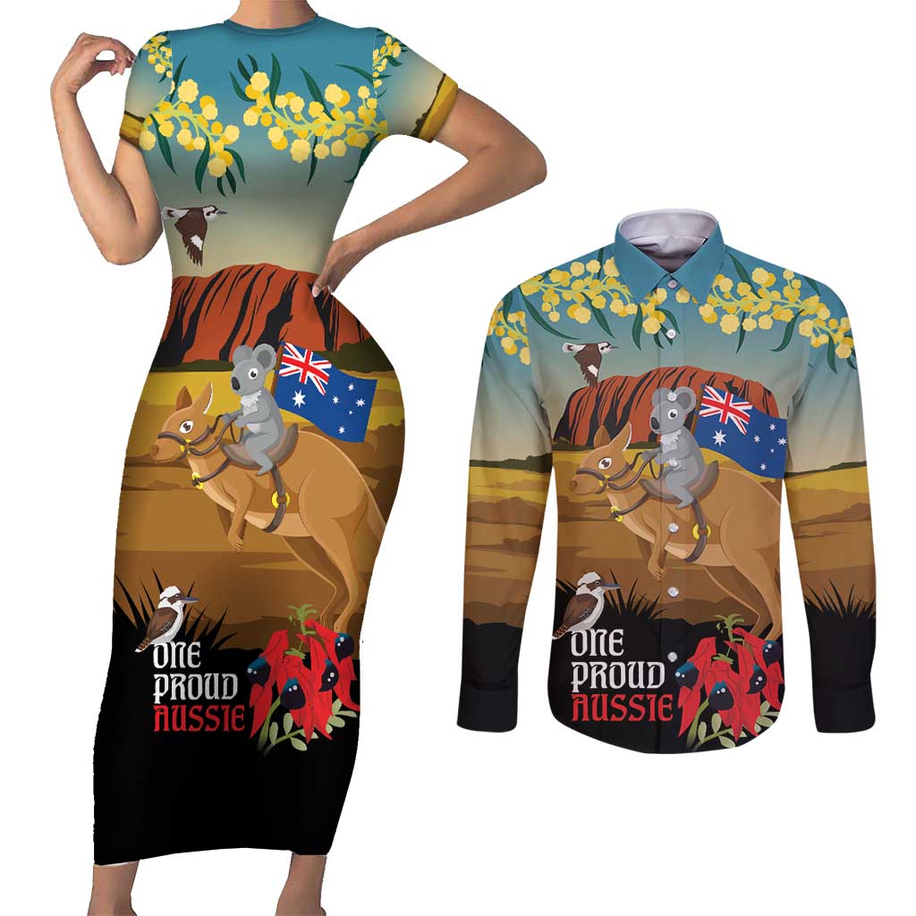 26 January One Proud Aussie Couples Matching Short Sleeve Bodycon Dress and Long Sleeve Button Shirt Kangaroo and Koala Happy Australia Day