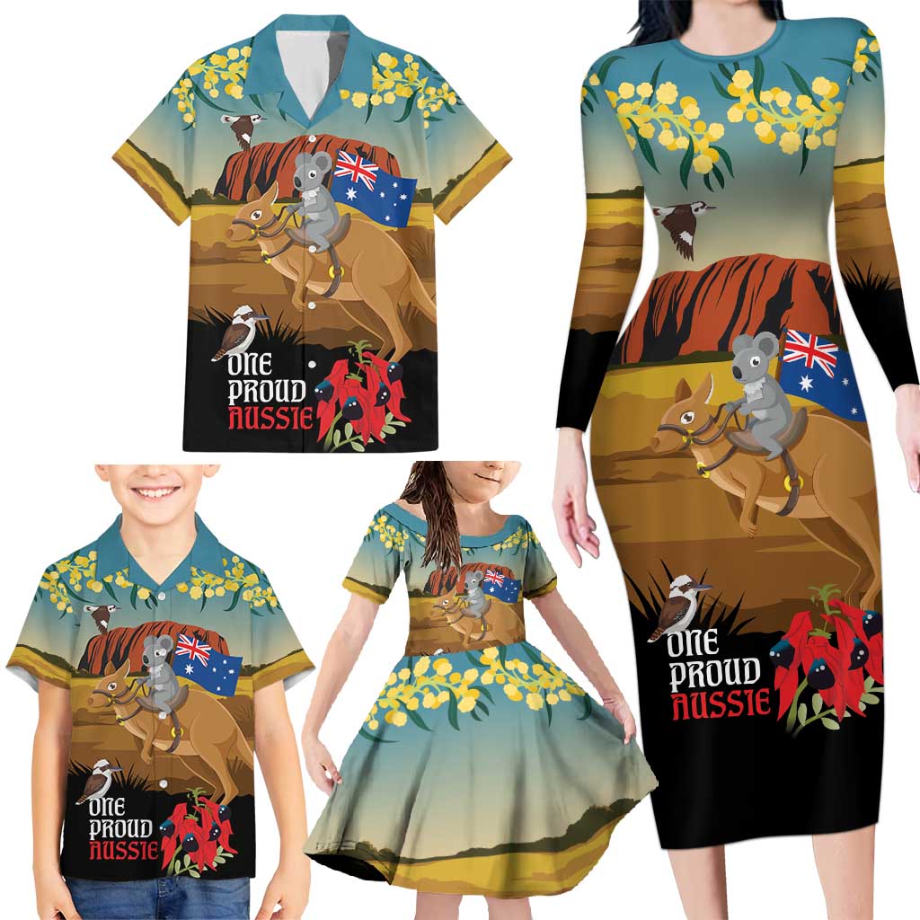 26 January One Proud Aussie Family Matching Long Sleeve Bodycon Dress and Hawaiian Shirt Kangaroo and Koala Happy Australia Day