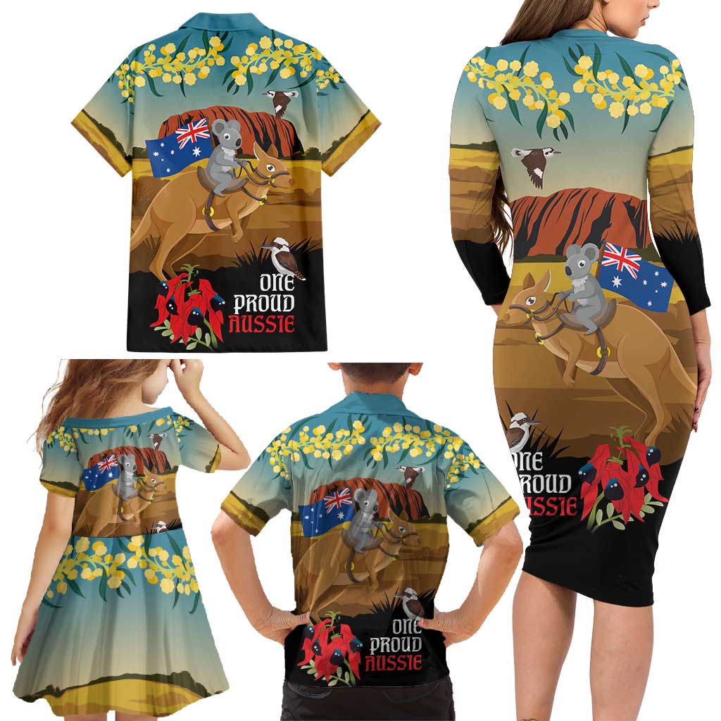 26 January One Proud Aussie Family Matching Long Sleeve Bodycon Dress and Hawaiian Shirt Kangaroo and Koala Happy Australia Day