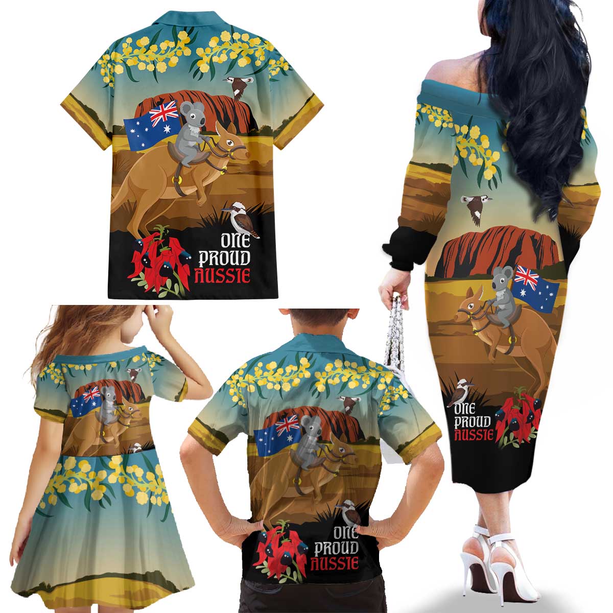 26 January One Proud Aussie Family Matching Off The Shoulder Long Sleeve Dress and Hawaiian Shirt Kangaroo and Koala Happy Australia Day