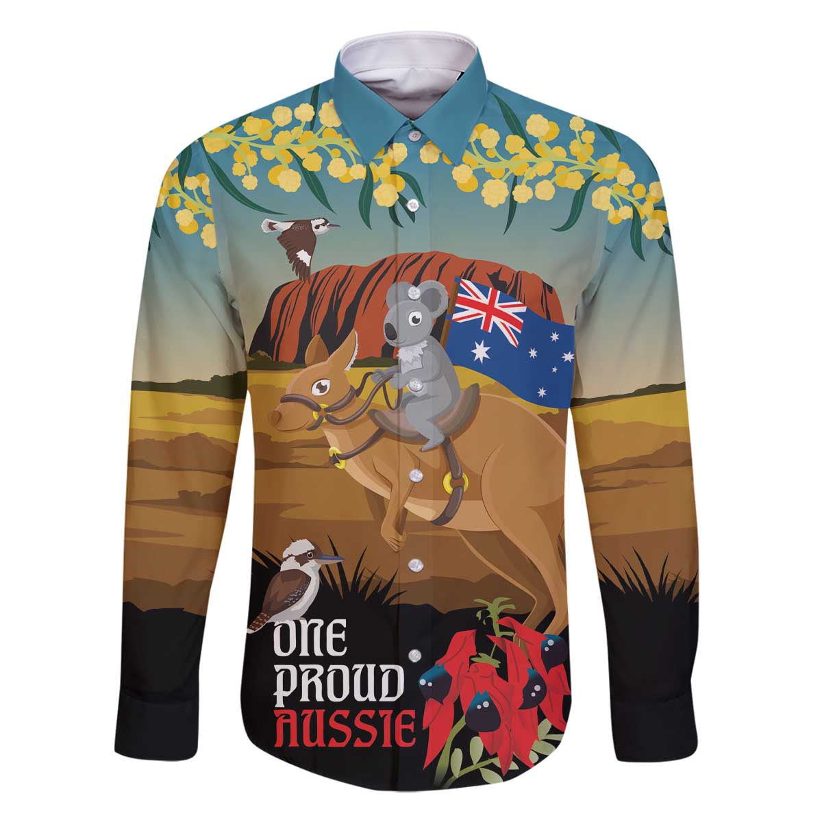 26 January One Proud Aussie Family Matching Off The Shoulder Long Sleeve Dress and Hawaiian Shirt Kangaroo and Koala Happy Australia Day