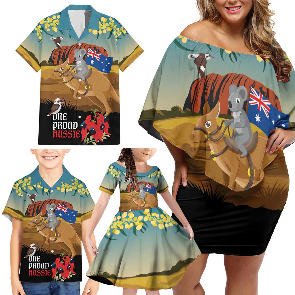 26 January One Proud Aussie Family Matching Off Shoulder Short Dress and Hawaiian Shirt Kangaroo and Koala Happy Australia Day