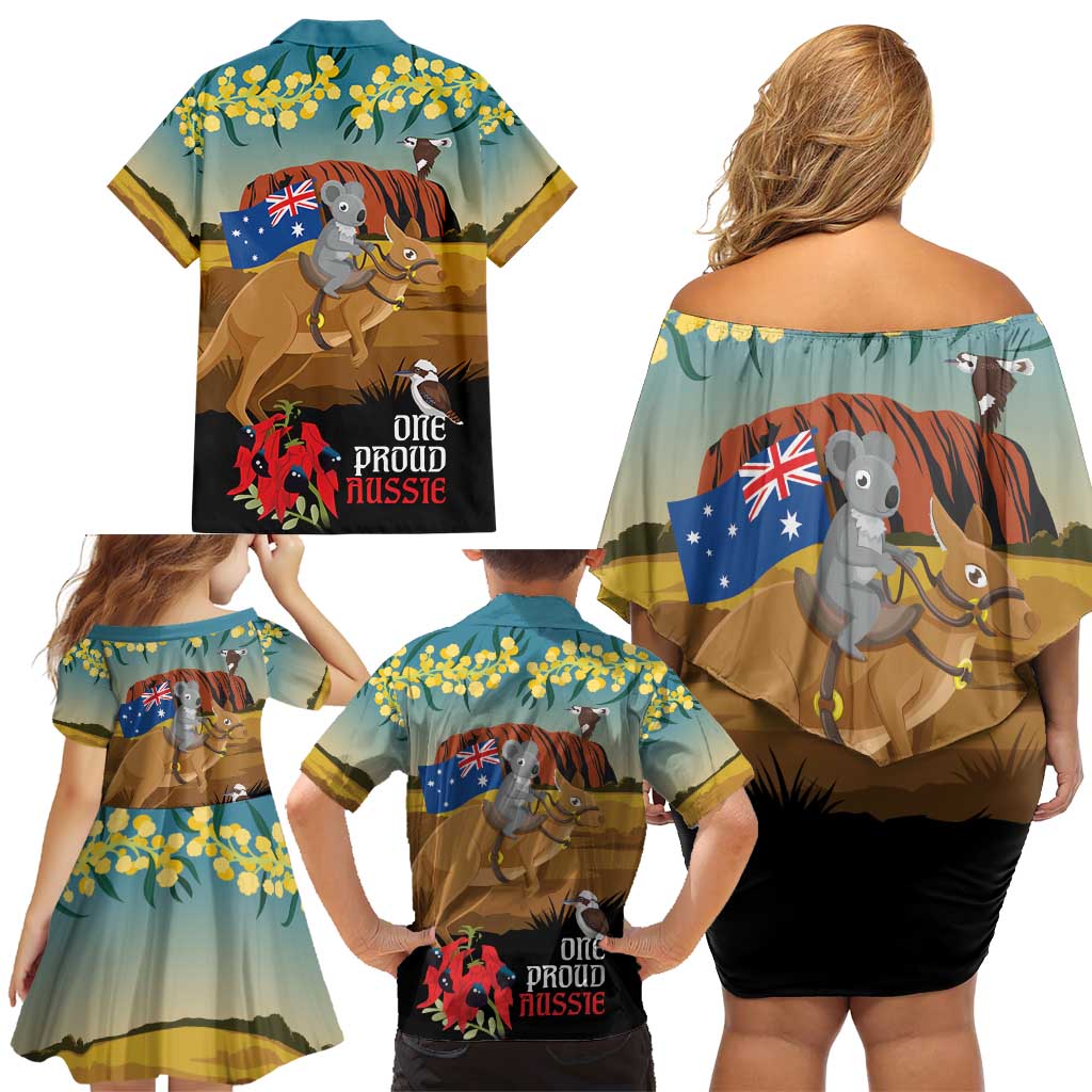 26 January One Proud Aussie Family Matching Off Shoulder Short Dress and Hawaiian Shirt Kangaroo and Koala Happy Australia Day