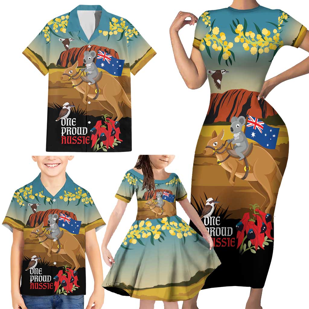 26 January One Proud Aussie Family Matching Short Sleeve Bodycon Dress and Hawaiian Shirt Kangaroo and Koala Happy Australia Day