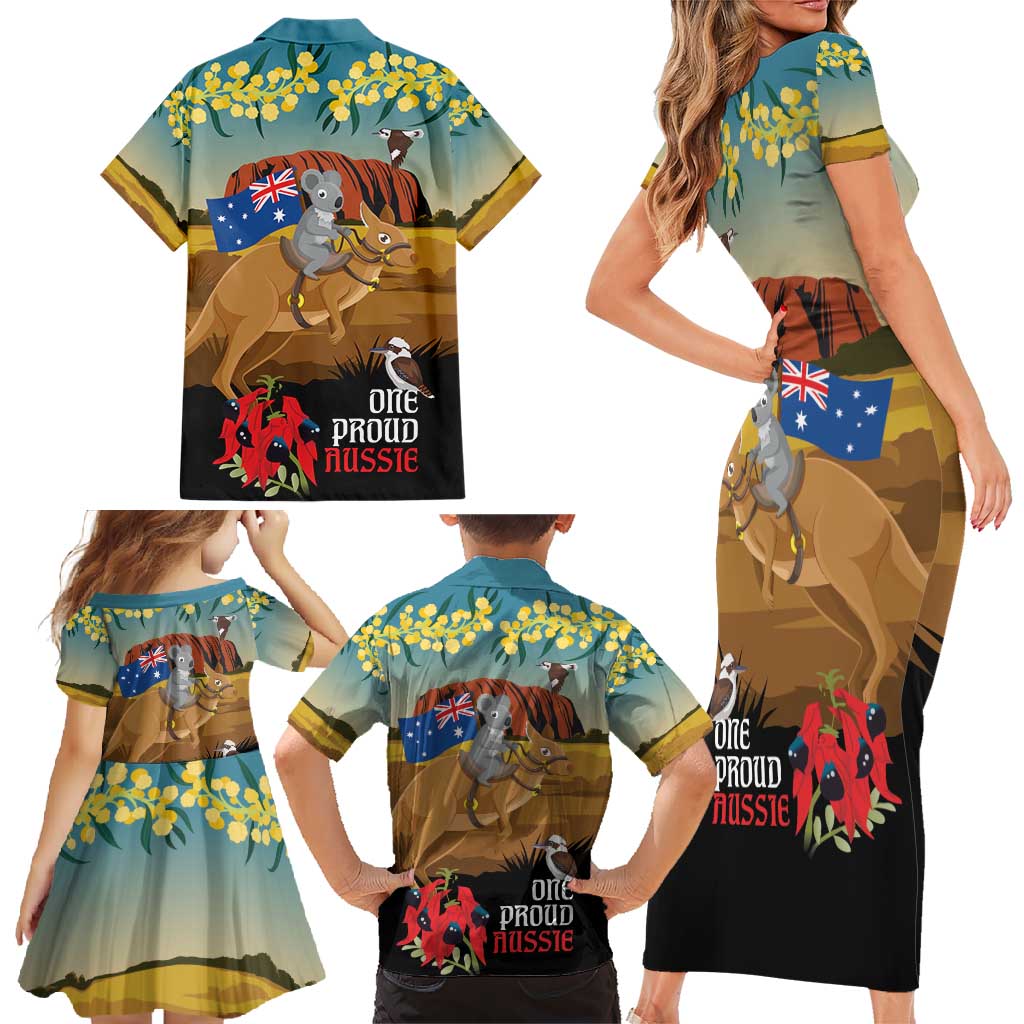 26 January One Proud Aussie Family Matching Short Sleeve Bodycon Dress and Hawaiian Shirt Kangaroo and Koala Happy Australia Day