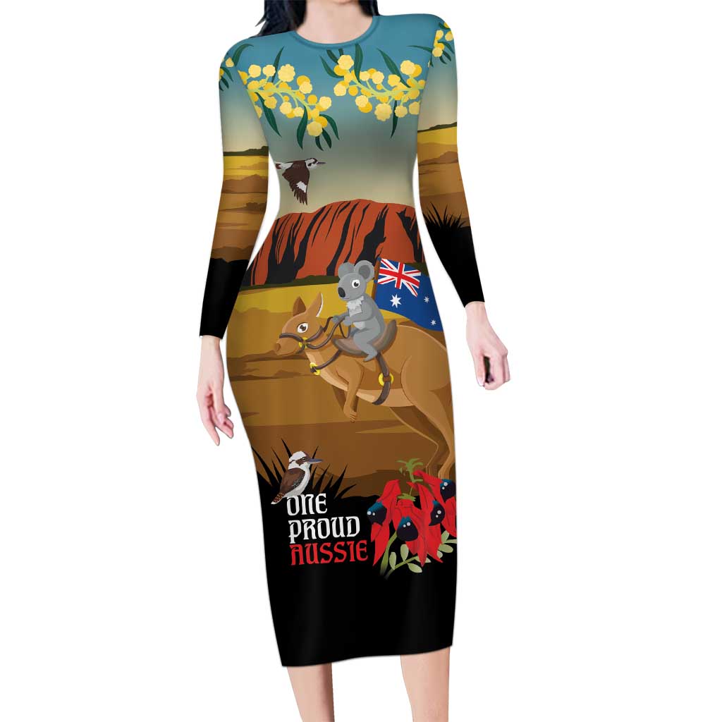 26 January One Proud Aussie Long Sleeve Bodycon Dress Kangaroo and Koala Happy Australia Day