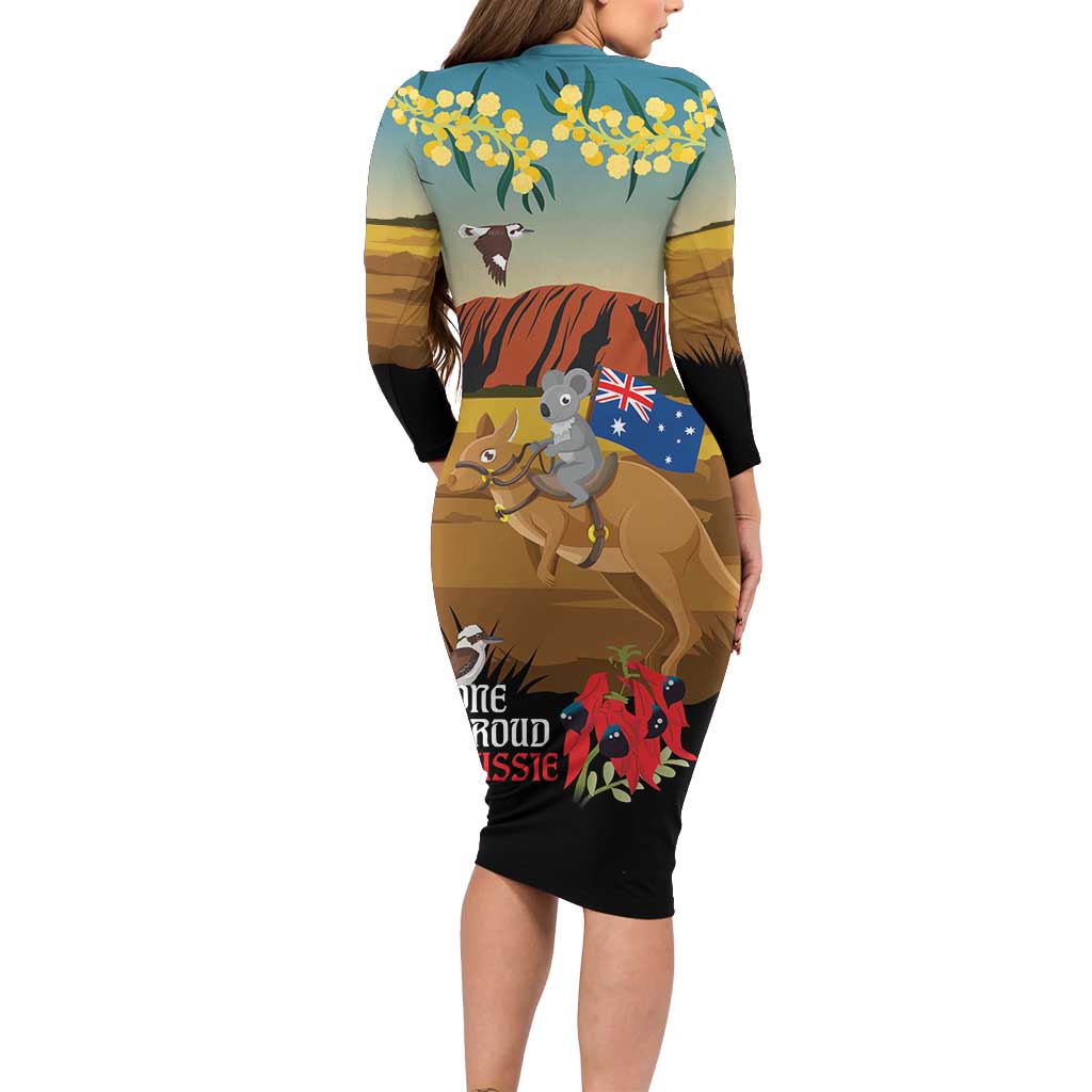 26 January One Proud Aussie Long Sleeve Bodycon Dress Kangaroo and Koala Happy Australia Day