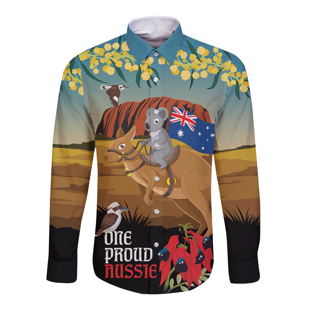 26 January One Proud Aussie Long Sleeve Button Shirt Kangaroo and Koala Happy Australia Day - Vibe Hoodie Shop