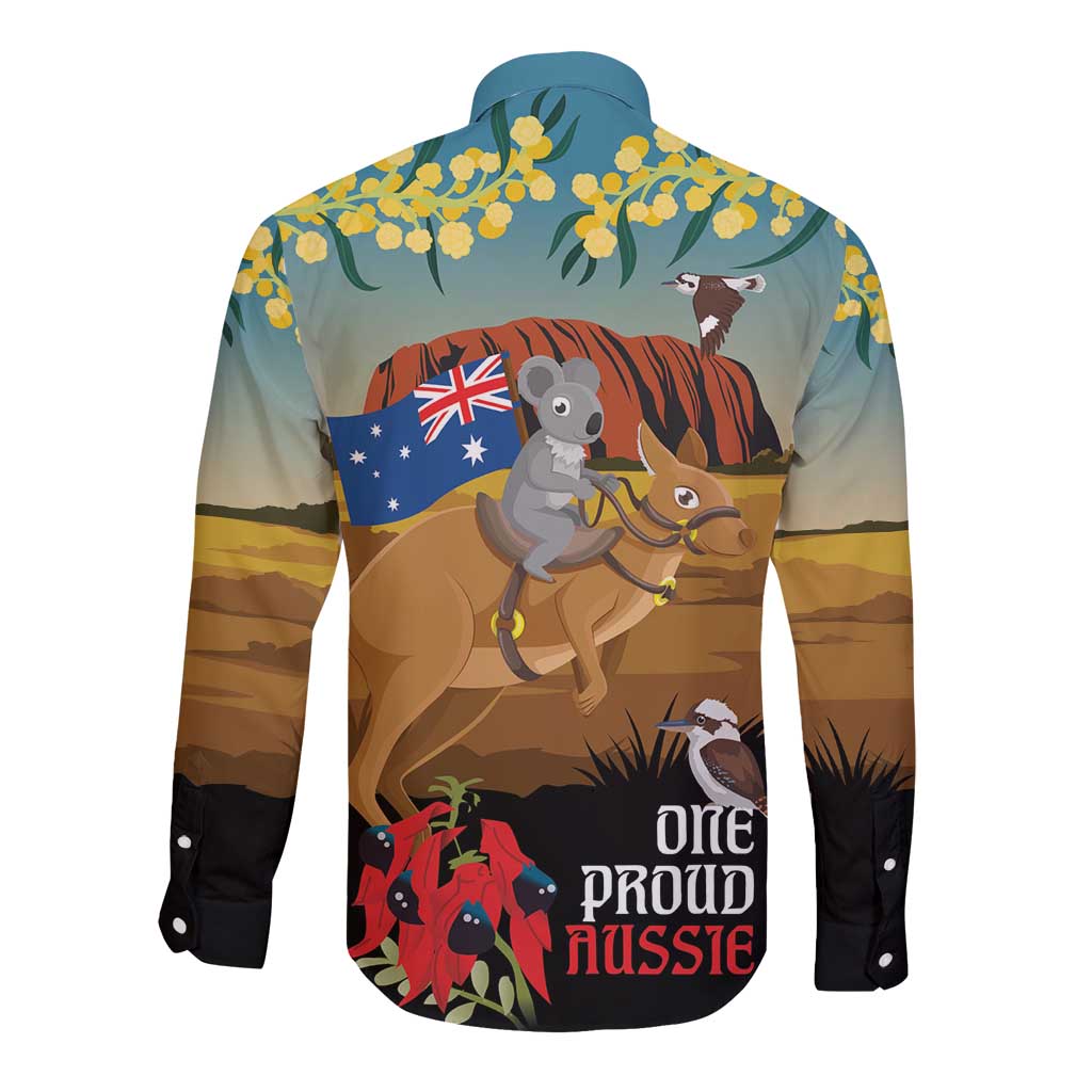 26 January One Proud Aussie Long Sleeve Button Shirt Kangaroo and Koala Happy Australia Day - Vibe Hoodie Shop