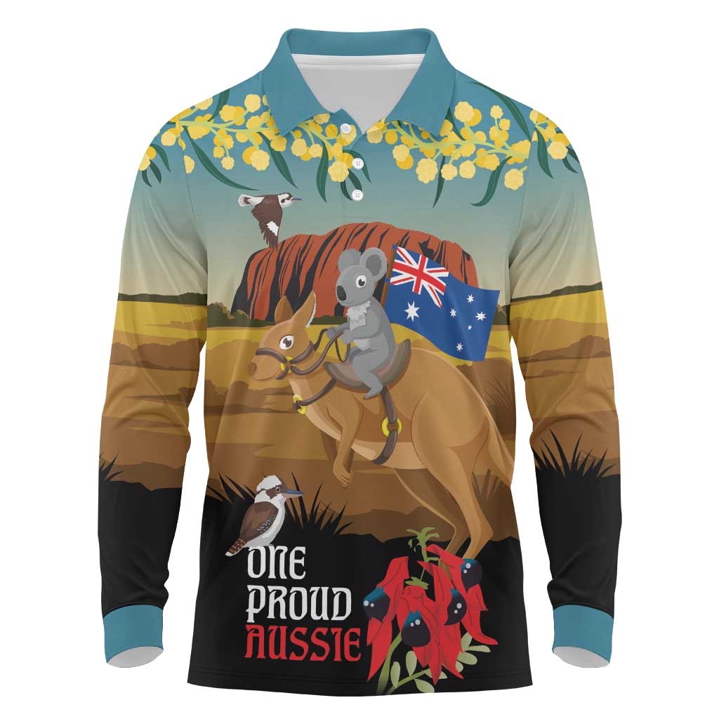 26 January One Proud Aussie Long Sleeve Polo Shirt Kangaroo and Koala Happy Australia Day