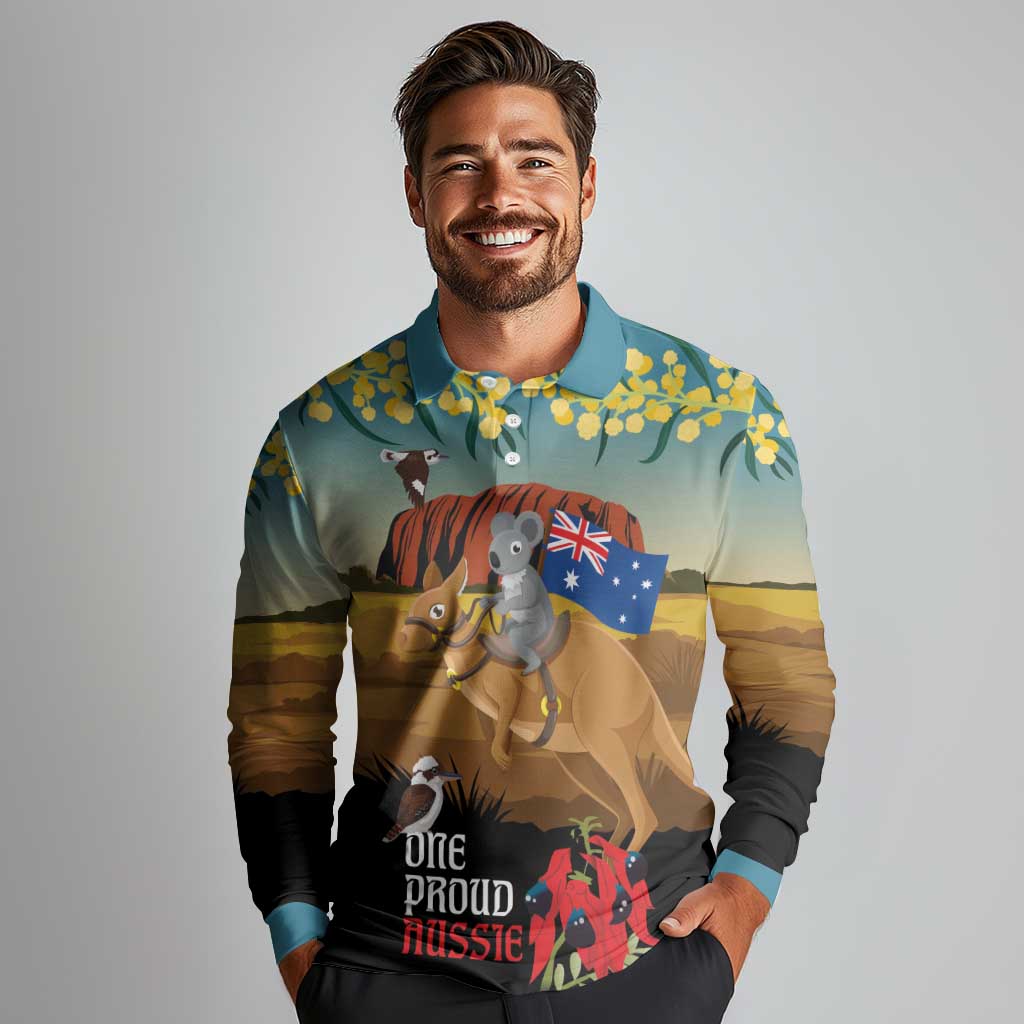 26 January One Proud Aussie Long Sleeve Polo Shirt Kangaroo and Koala Happy Australia Day