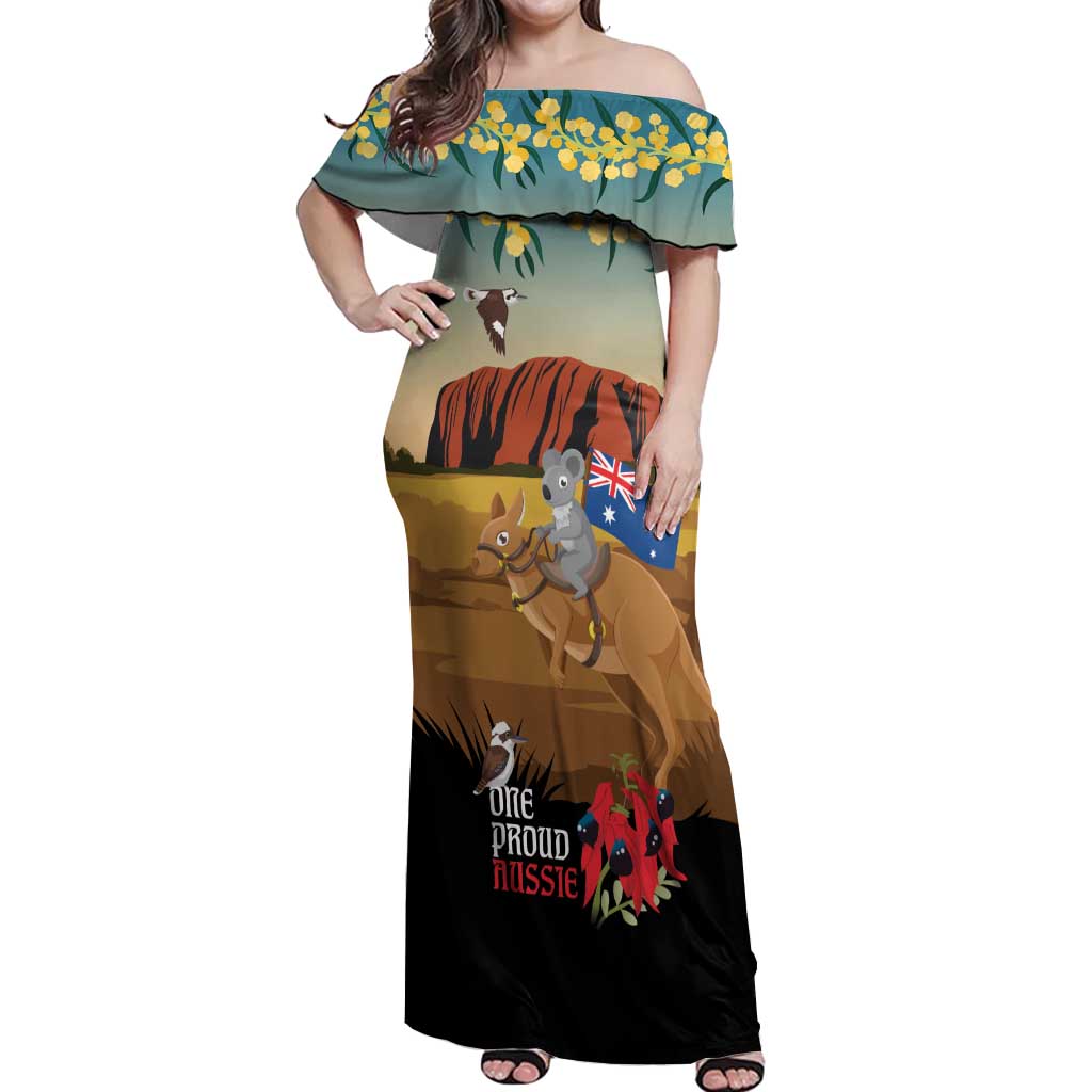 26 January One Proud Aussie Off Shoulder Maxi Dress Kangaroo and Koala Happy Australia Day