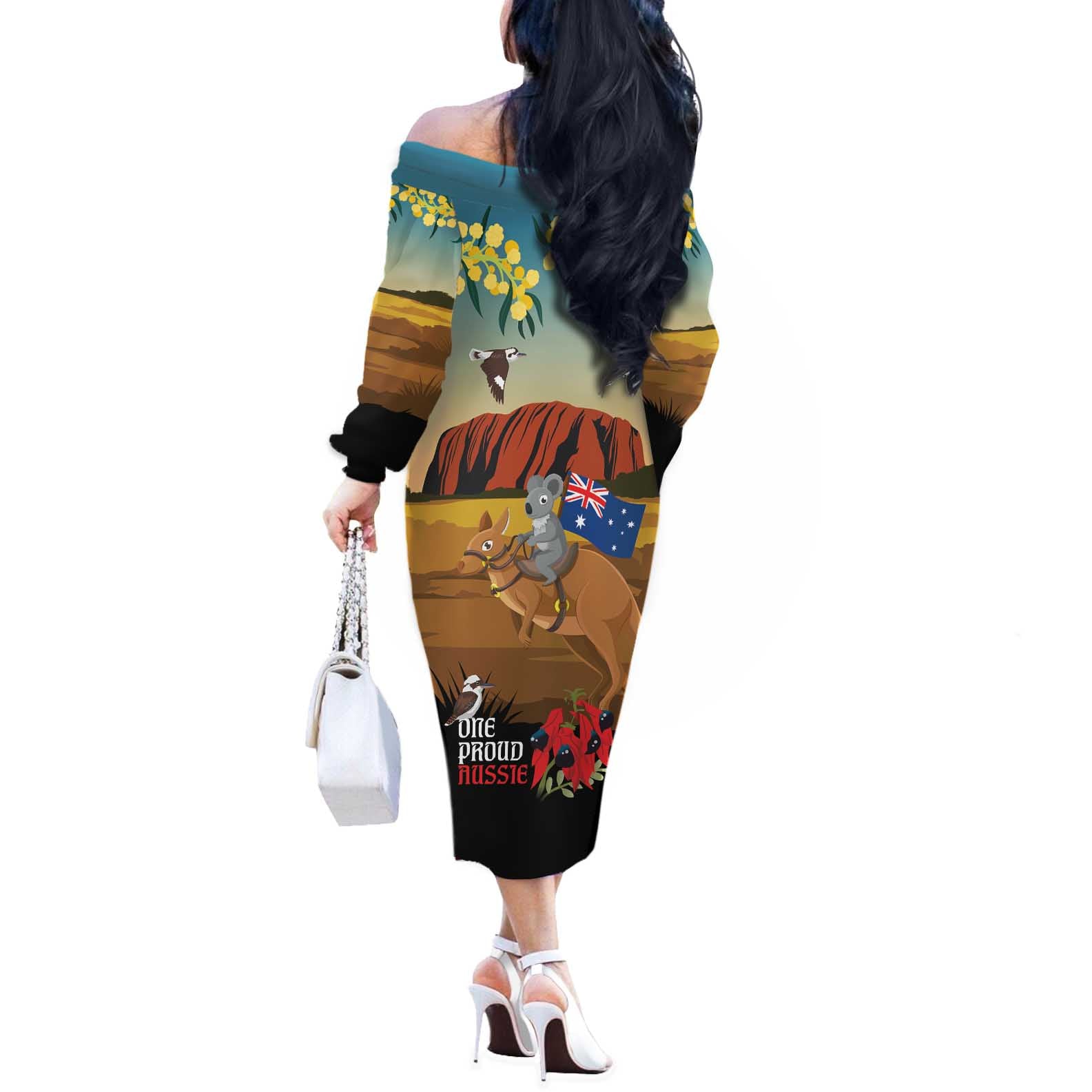 26 January One Proud Aussie Off The Shoulder Long Sleeve Dress Kangaroo and Koala Happy Australia Day