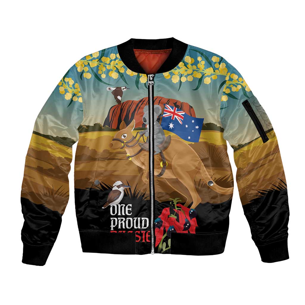 26 January One Proud Aussie Sleeve Zip Bomber Jacket Kangaroo and Koala Happy Australia Day